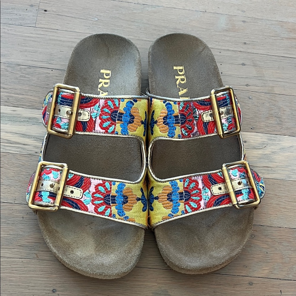 Prada Floral Embroidered Double-Buckle Sandals